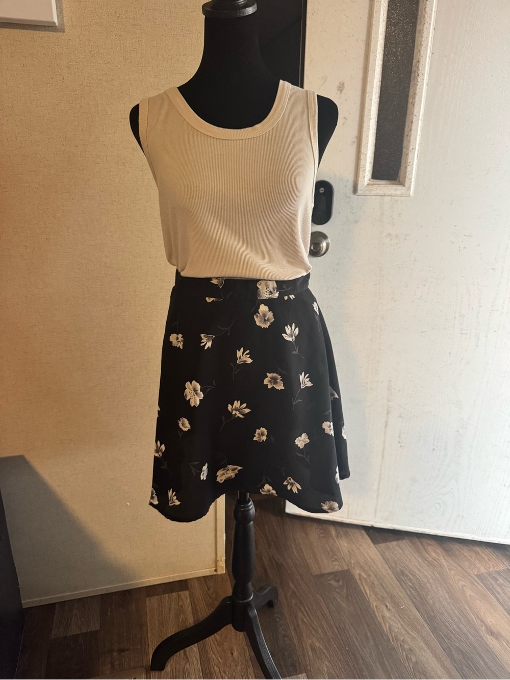 Black Floral Skater Skirt with Cream Flower Print